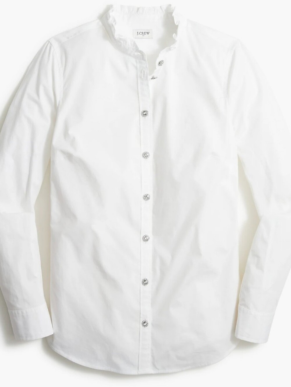 J Crew Shirt Sze L White Cotton Poplin Jewel Buttons Ruffled Collar Classic